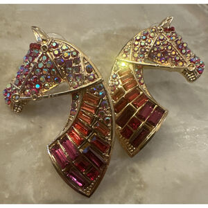 Latoir Fashion Blog Horse Head Red Rhinestone Goldtn Pierced Statement Earrings